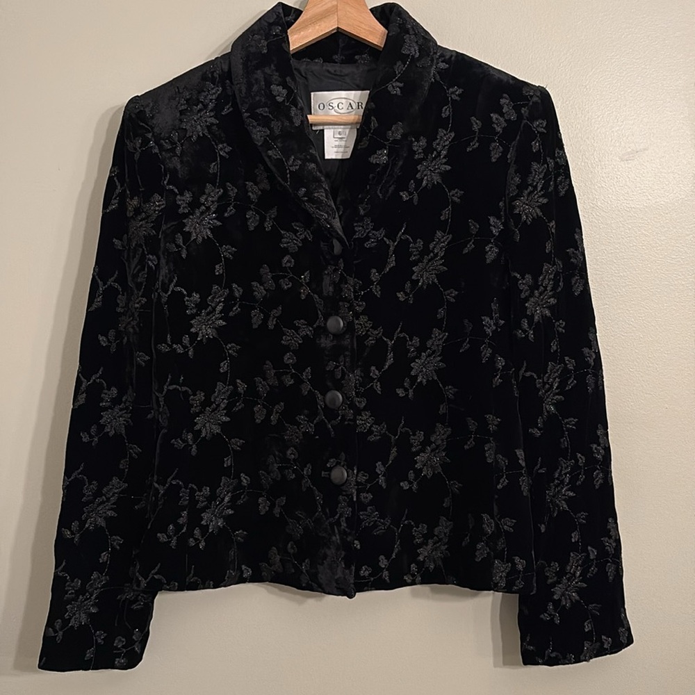 Oscar de La Renta Black Velvet Embellished Embroidered Floral Blazer Jacket Sz 6